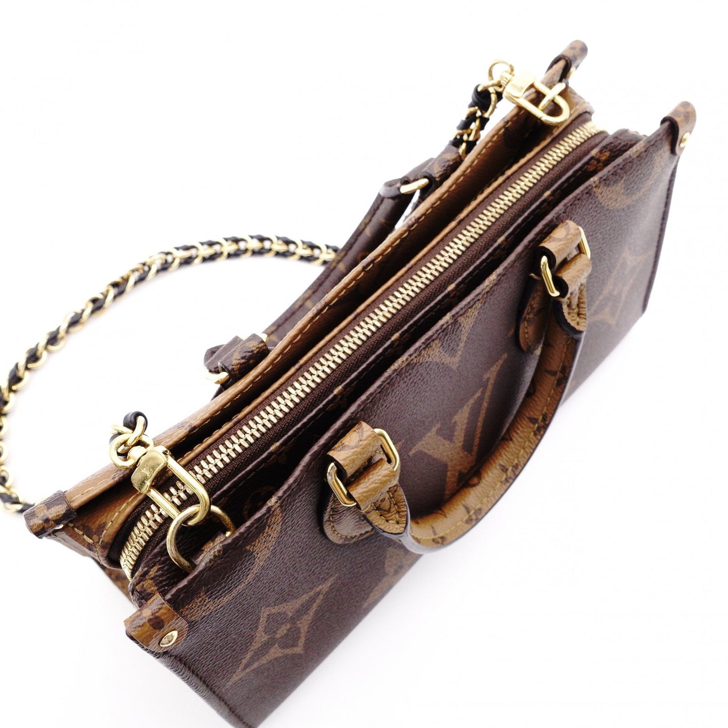 LOUIS VUITTON On the Go EW Monogram Reverse Shoulder Bag (2-Way) in Brown