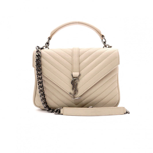 SAINT LAURENT College Handbag, Leather, Beige, 2-Way, Silver Hardware, Crossbody