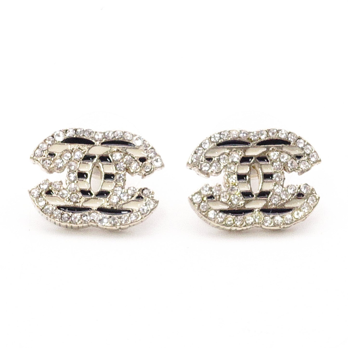 CHANEL Coco Logo Earrings, Metal/Rhinestones, Silver, Women's, Striped, White x Black, CC Logo