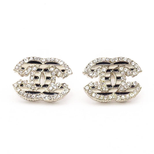 CHANEL Coco Logo Earrings, Metal/Rhinestones, Silver, Women's, Striped, White x Black, CC Logo