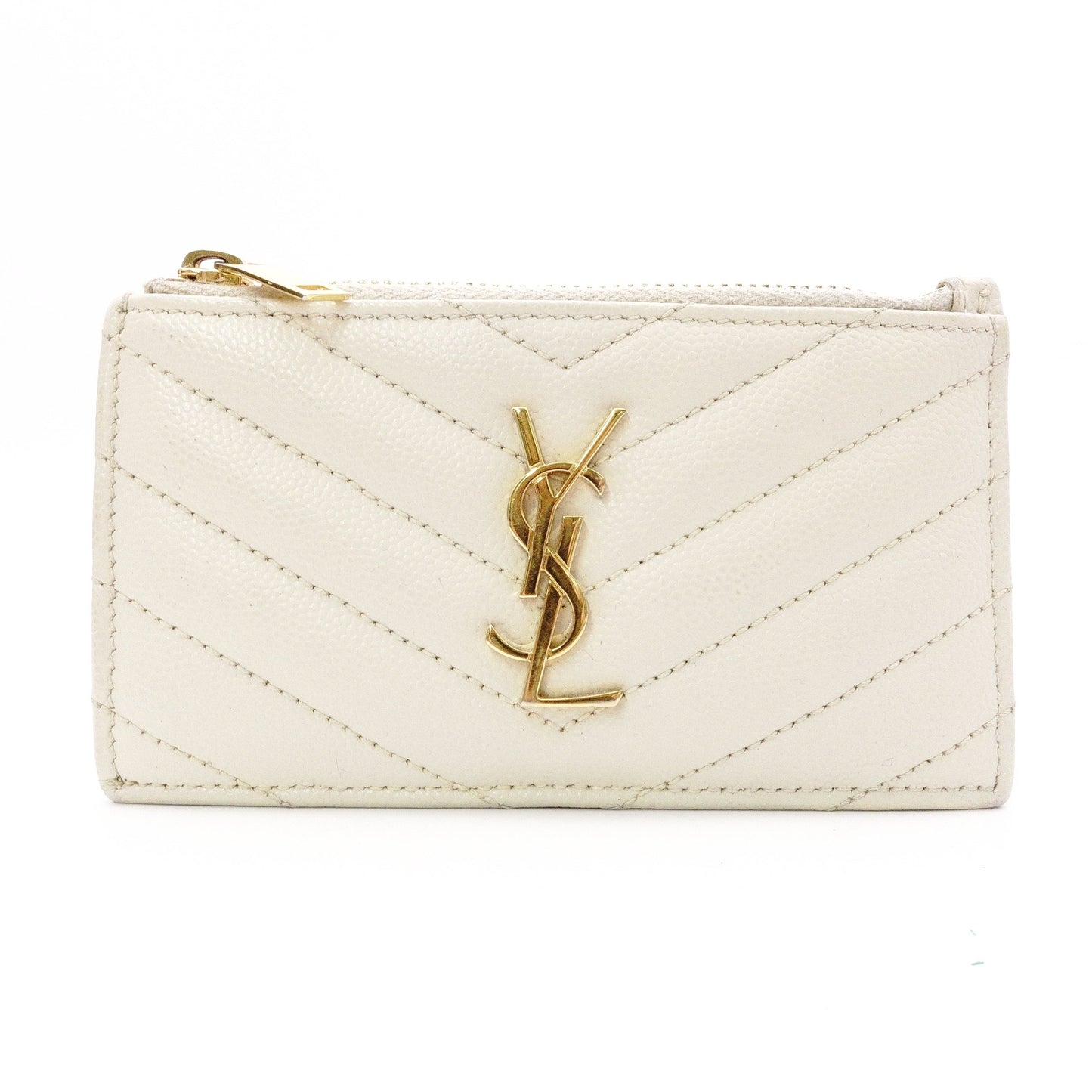 SAINT LAURENT Cassandra Coin Purse, Leather, Off-White, Gold Hardware, Card Holder, YSL