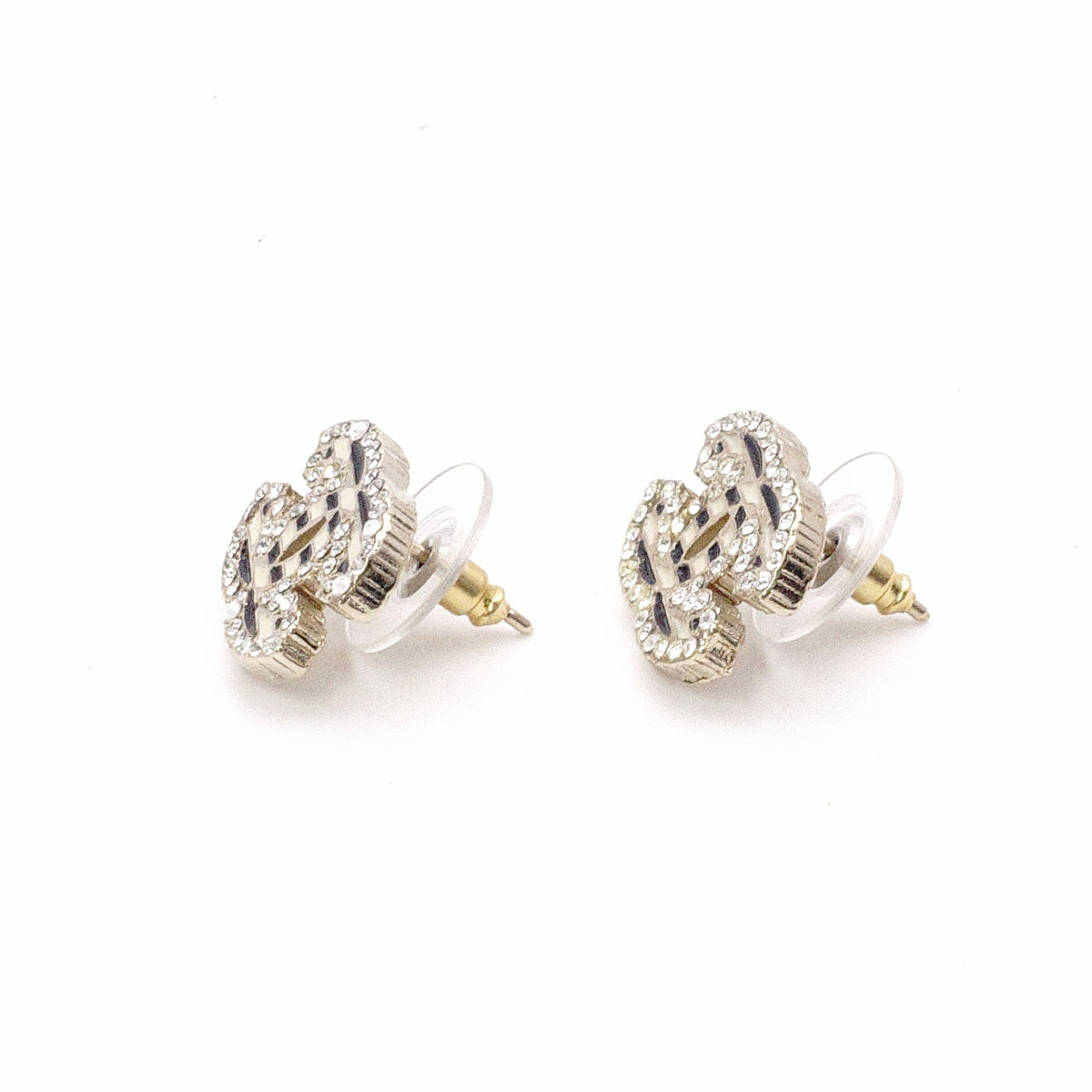 CHANEL Coco Logo Earrings, Metal/Rhinestones, Silver, Women's, Striped, White x Black, CC Logo