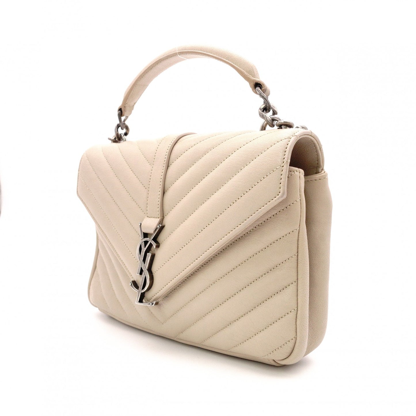 SAINT LAURENT College Handbag, Leather, Beige, 2-Way, Silver Hardware, Crossbody