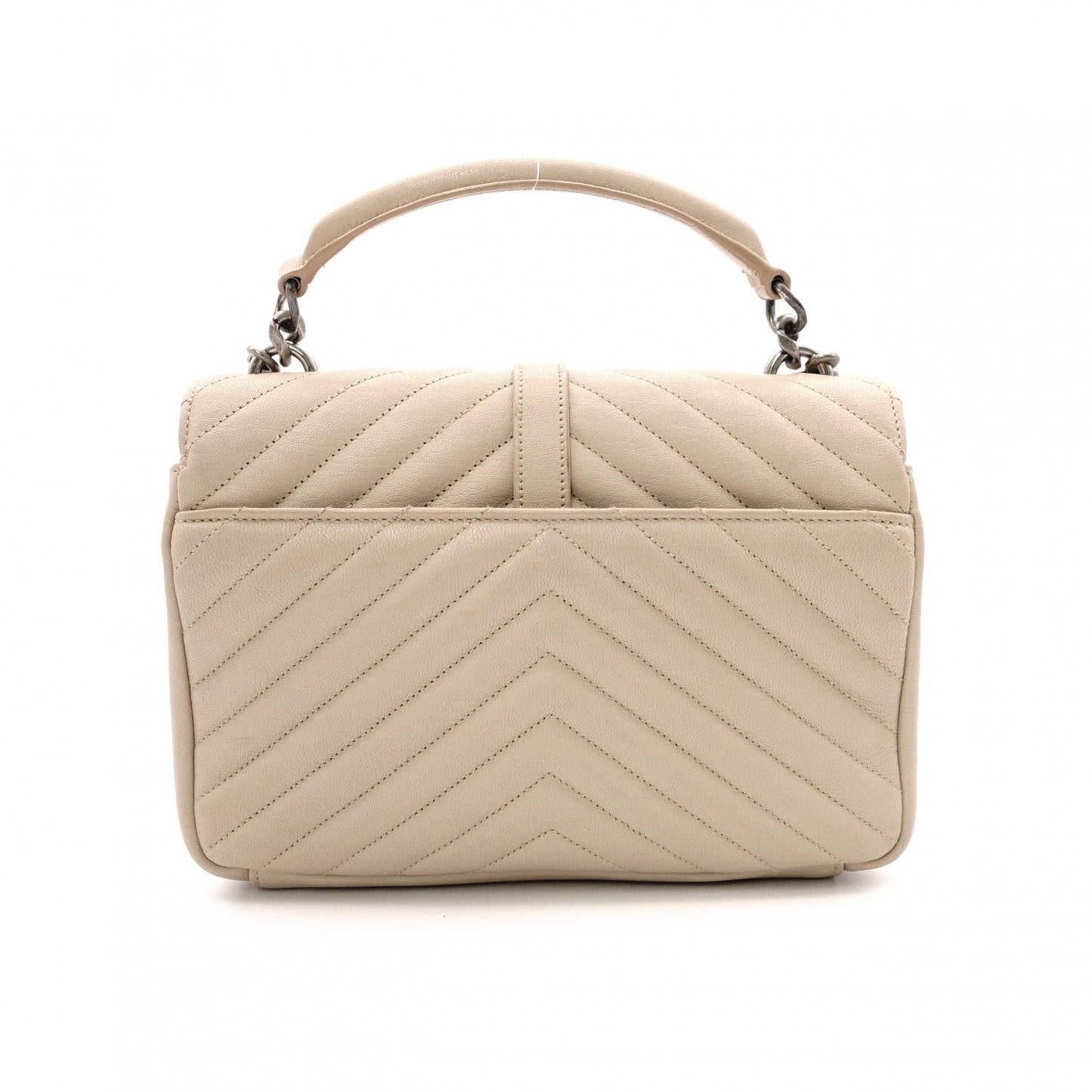 SAINT LAURENT College Handbag, Leather, Beige, 2-Way, Silver Hardware, Crossbody