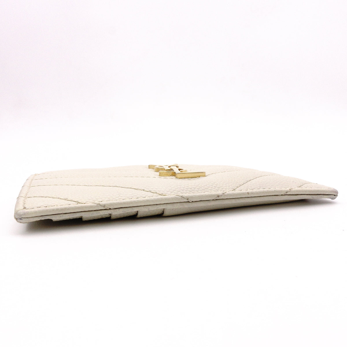 SAINT LAURENT Cassandra Coin Purse, Leather, Off-White, Gold Hardware, Card Holder, YSL