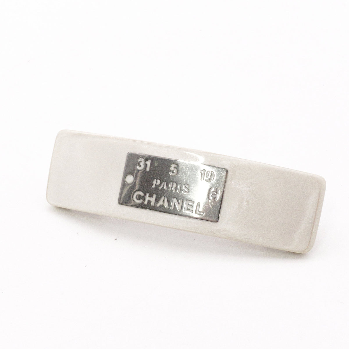 CHANEL Barrette, Metal, White, Women's, Plate, Silver Hardware, Hair Clip