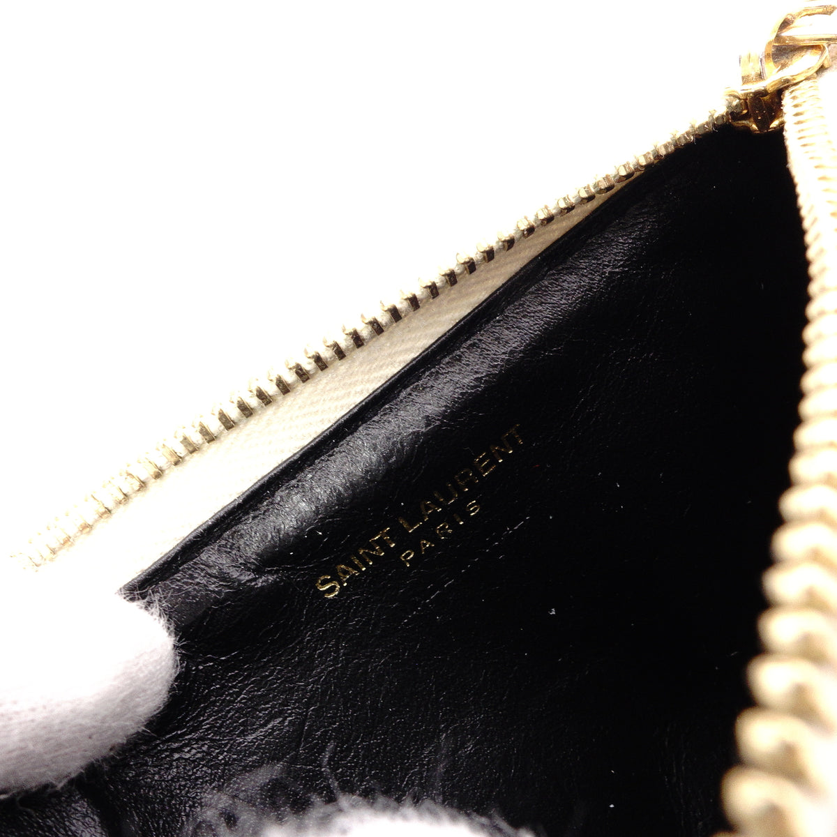SAINT LAURENT Cassandra Coin Purse, Leather, Off-White, Gold Hardware, Card Holder, YSL