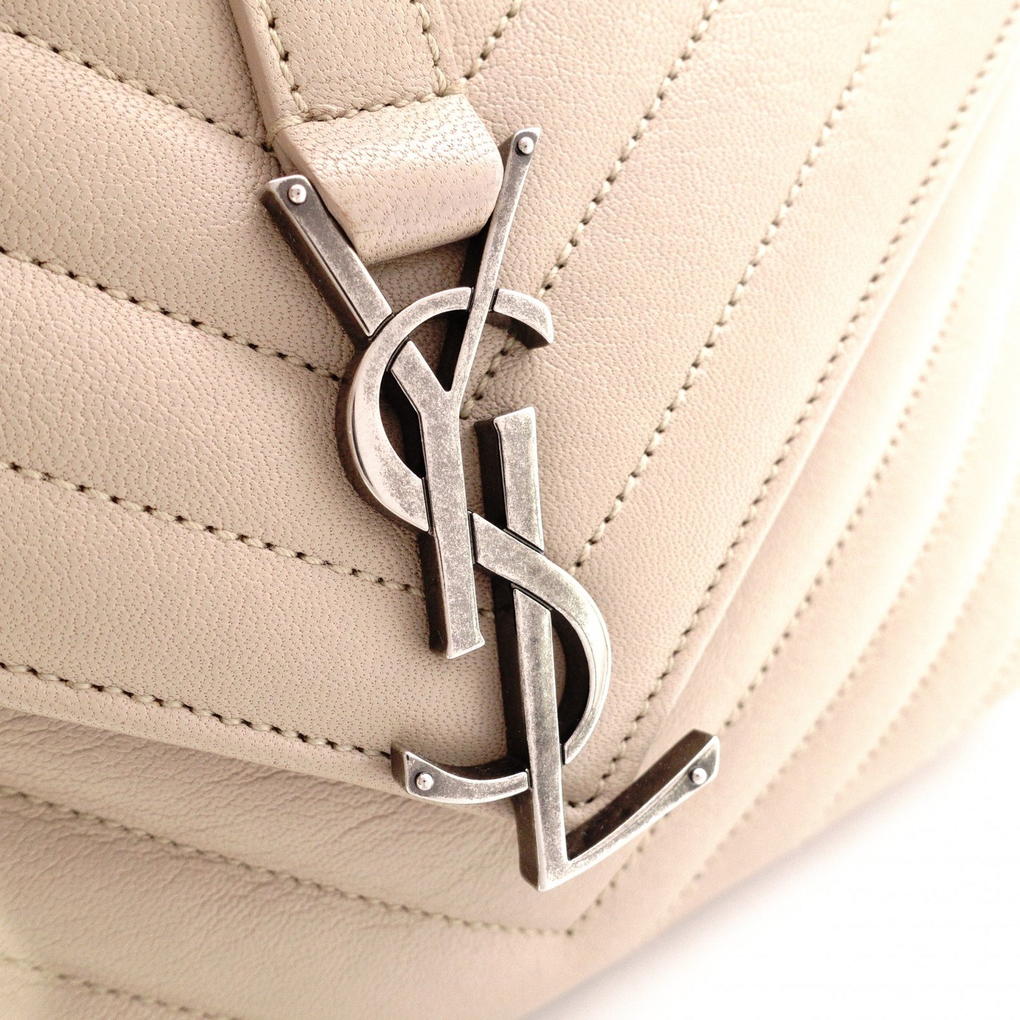 SAINT LAURENT College Handbag, Leather, Beige, 2-Way, Silver Hardware, Crossbody