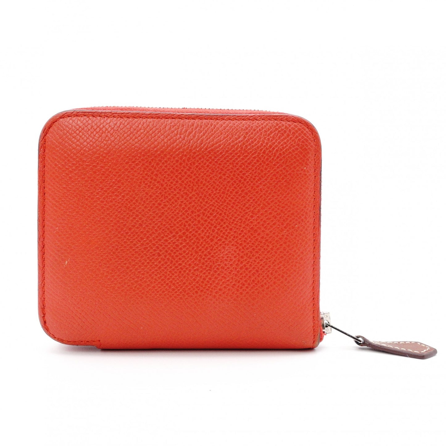 HERMES Silk-In Compact Coin Case, Leather, Red, Silver Hardware