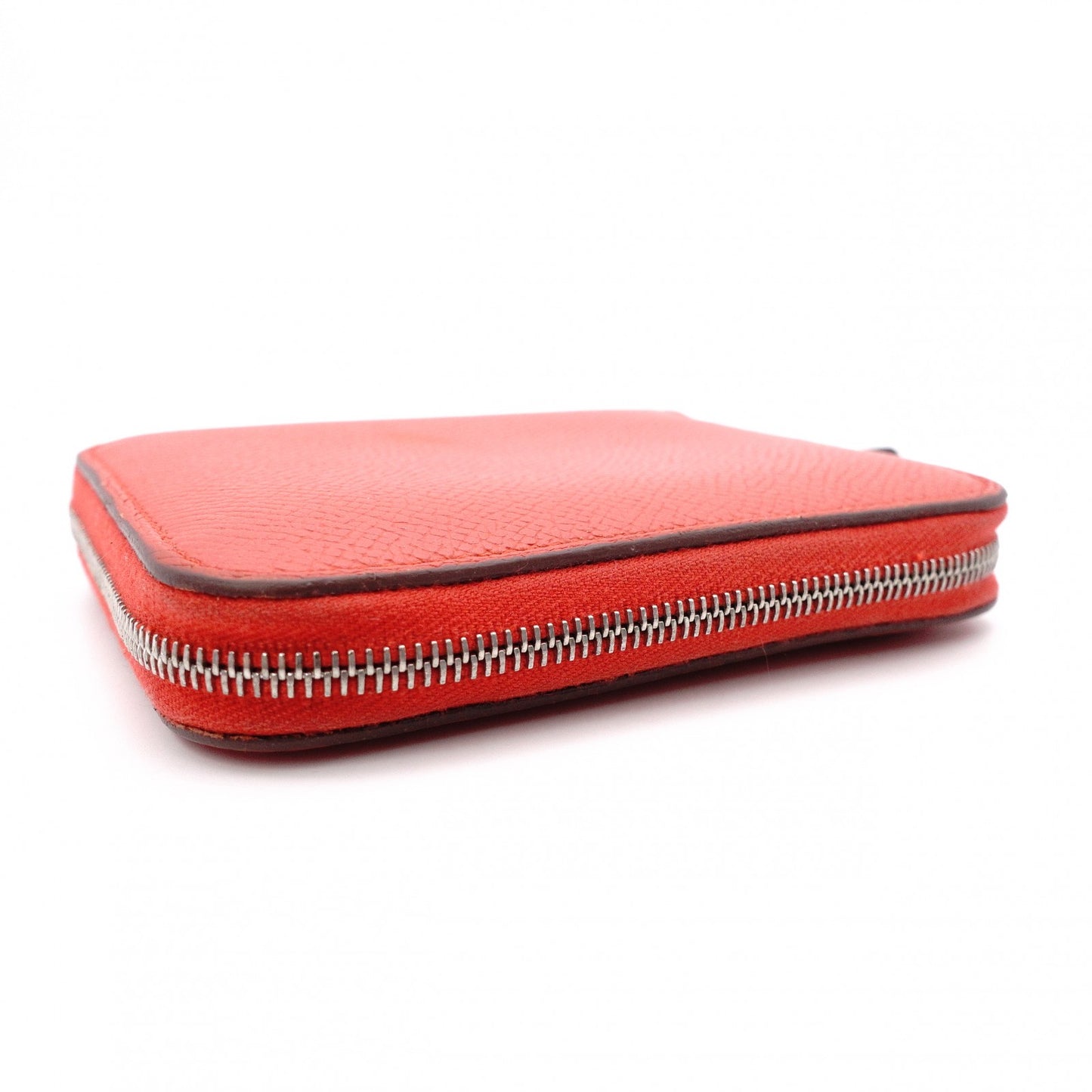 HERMES Silk-In Compact Coin Case, Leather, Red, Silver Hardware