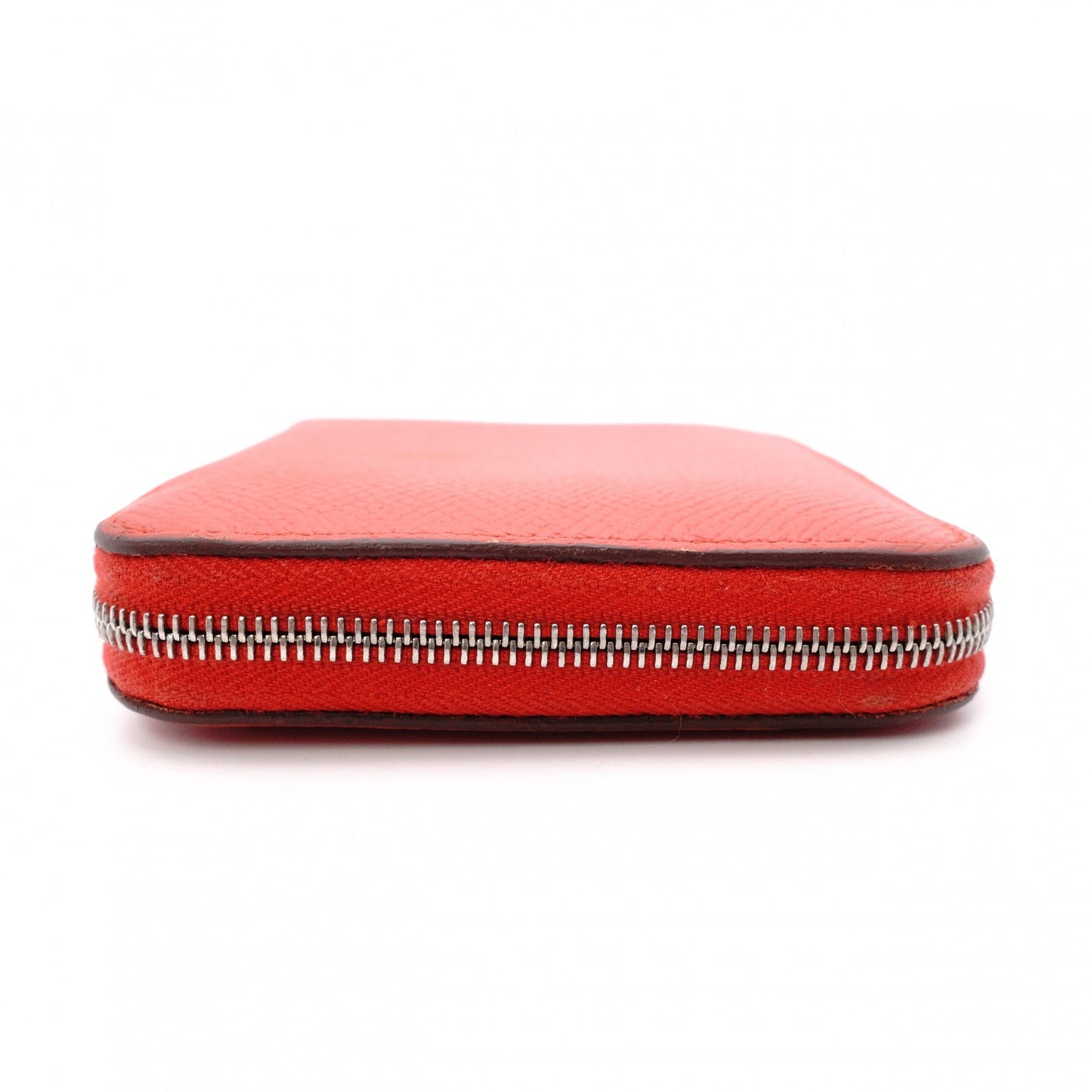 HERMES Silk-In Compact Coin Case, Leather, Red, Silver Hardware