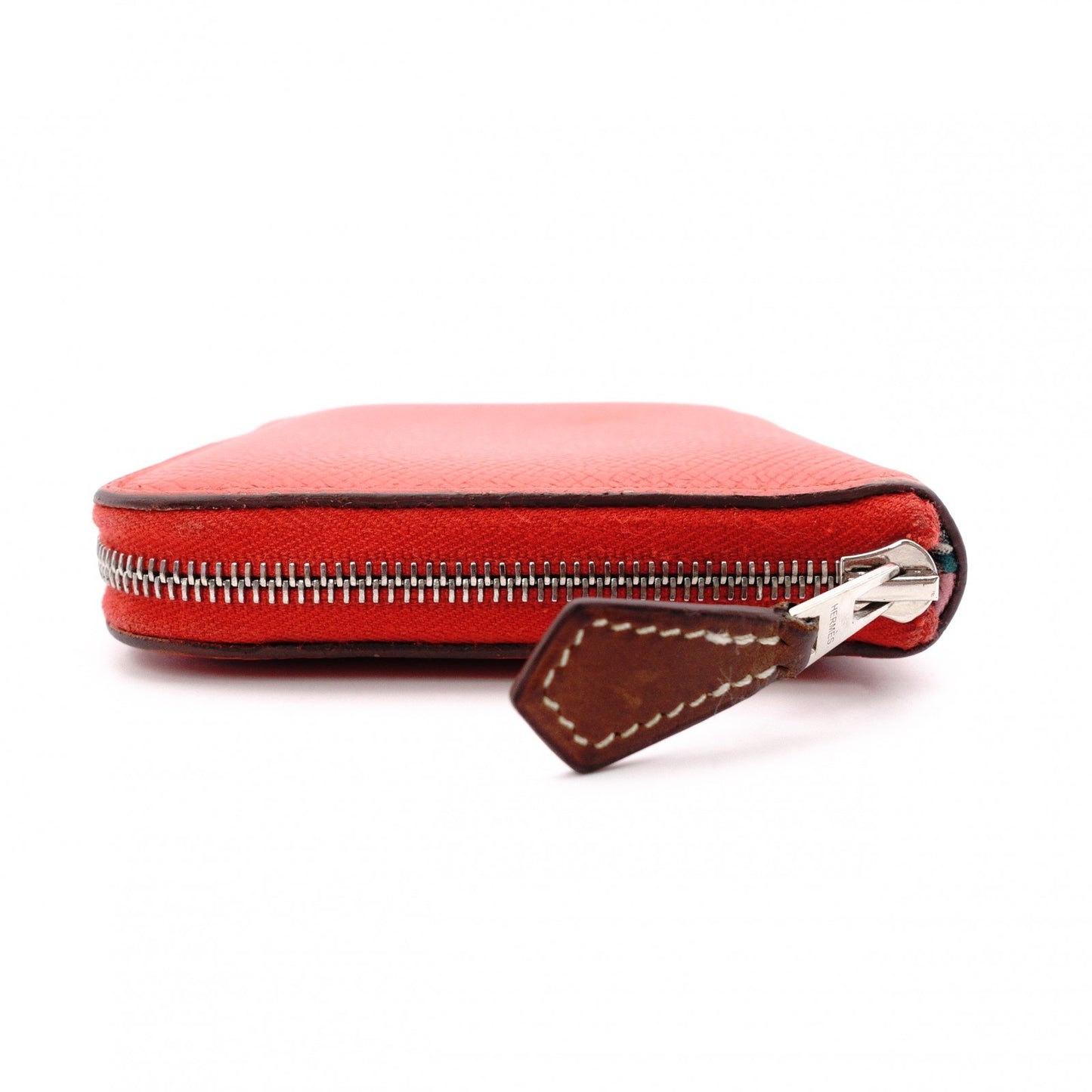 HERMES Silk-In Compact Coin Case, Leather, Red, Silver Hardware