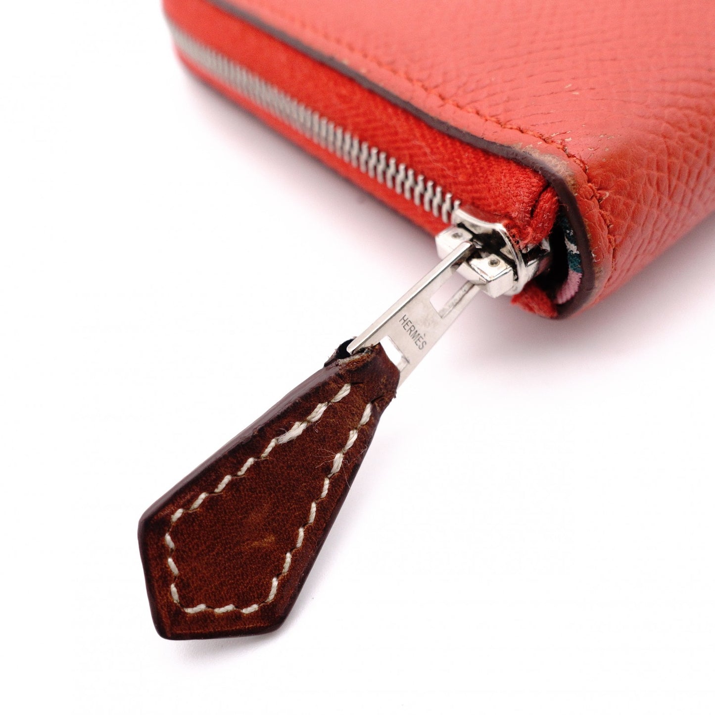 HERMES Silk-In Compact Coin Case, Leather, Red, Silver Hardware