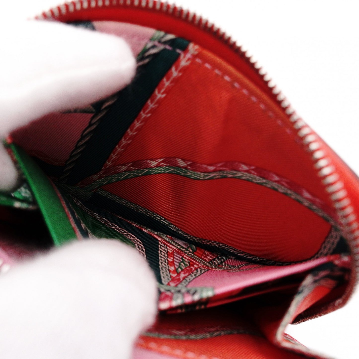 HERMES Silk-In Compact Coin Case, Leather, Red, Silver Hardware