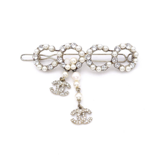 CHANEL Hair Accessory: Metal, Rhinestones, Faux Pearls, Gold Barrette