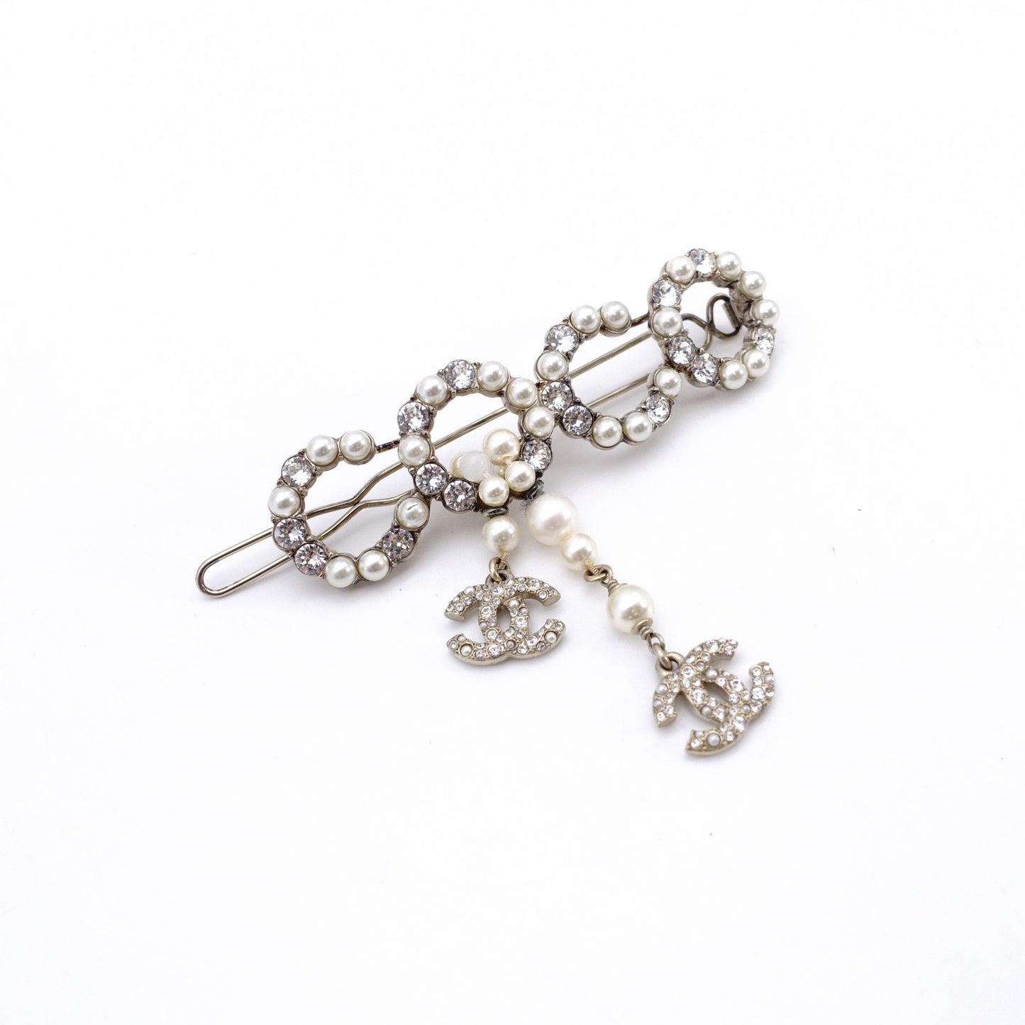 CHANEL Hair Accessory: Metal, Rhinestones, Faux Pearls, Gold Barrette