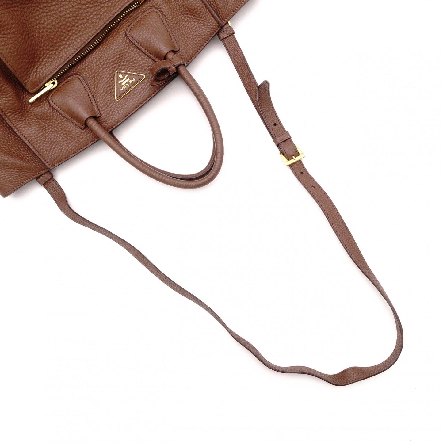 PRADA Vittello Dino Handbag, Leather, Brown, 2-Way Crossbody
