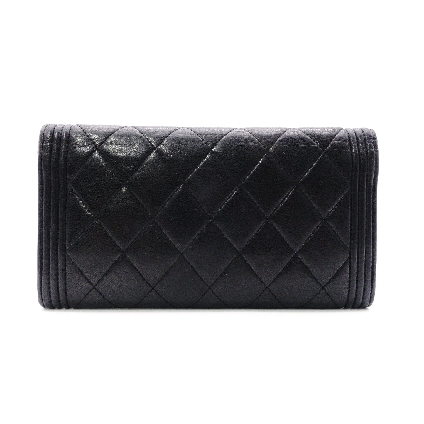 CHANEL Lambskin Flap Long Wallet, Matelassé, Boy Chanel, Long Wallet, Leather, Black, Gold Hardware
