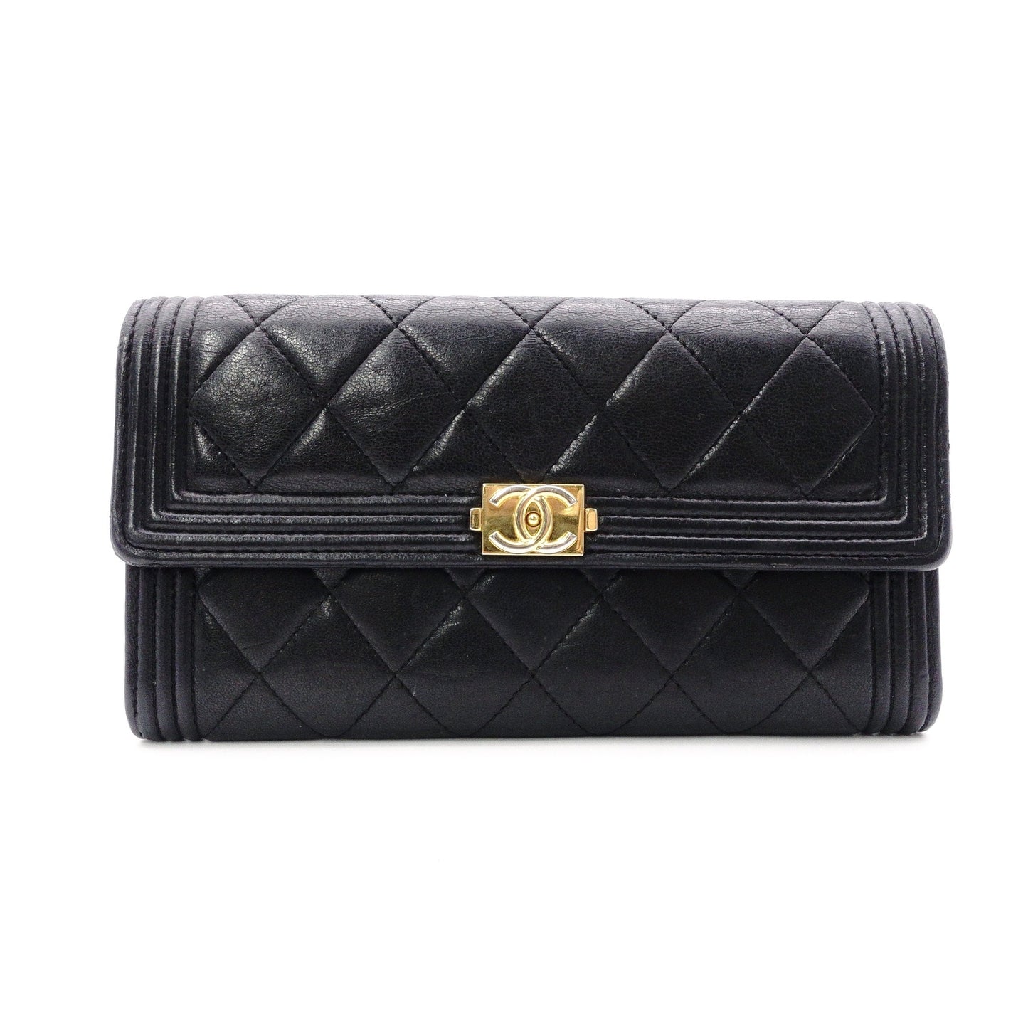 CHANEL Lambskin Flap Long Wallet, Matelassé, Boy Chanel, Long Wallet, Leather, Black, Gold Hardware