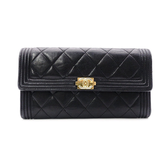 CHANEL Lambskin Flap Long Wallet, Matelassé, Boy Chanel, Long Wallet, Leather, Black, Gold Hardware