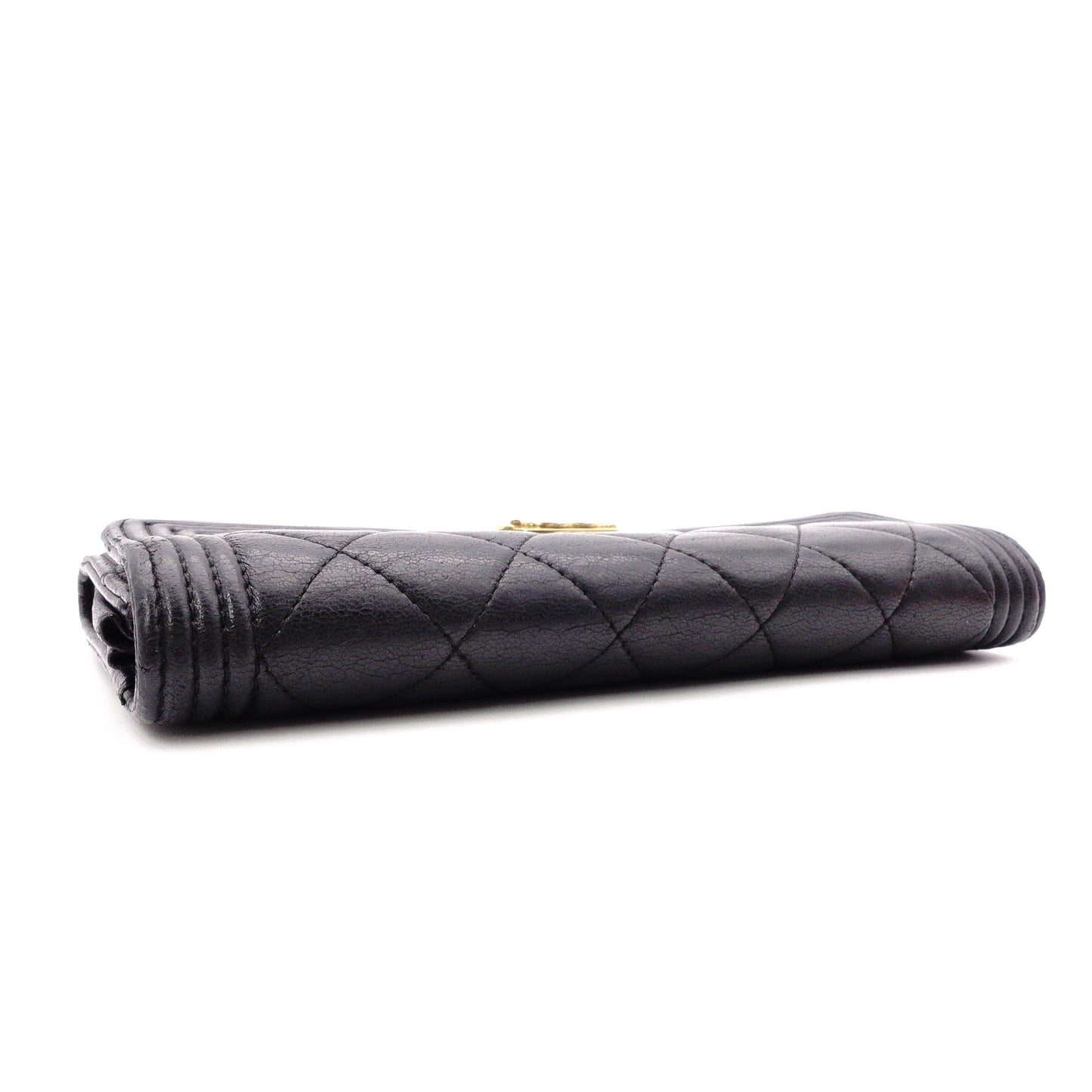 CHANEL Lambskin Flap Long Wallet, Matelassé, Boy Chanel, Long Wallet, Leather, Black, Gold Hardware