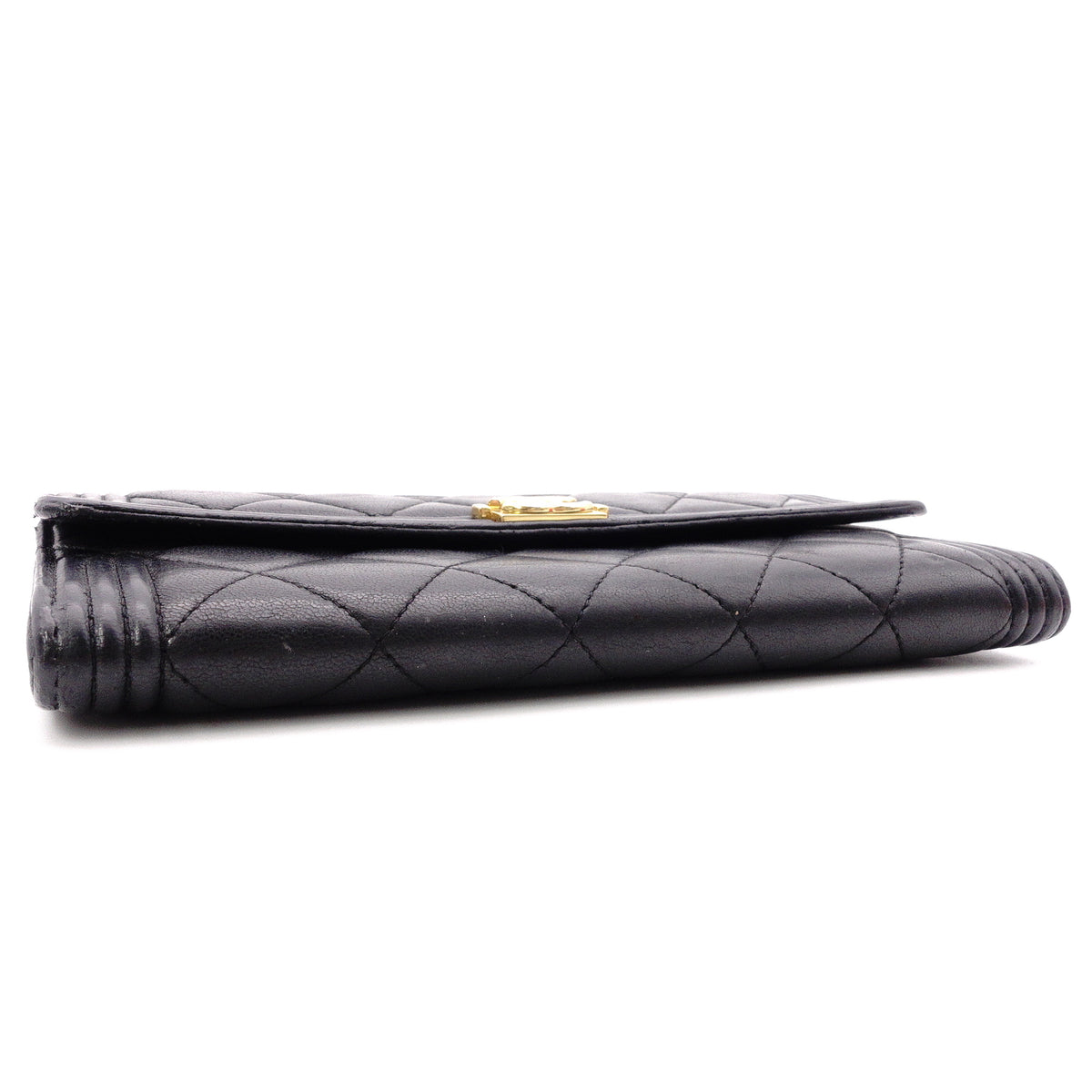 CHANEL Lambskin Flap Long Wallet, Matelassé, Boy Chanel, Long Wallet, Leather, Black, Gold Hardware