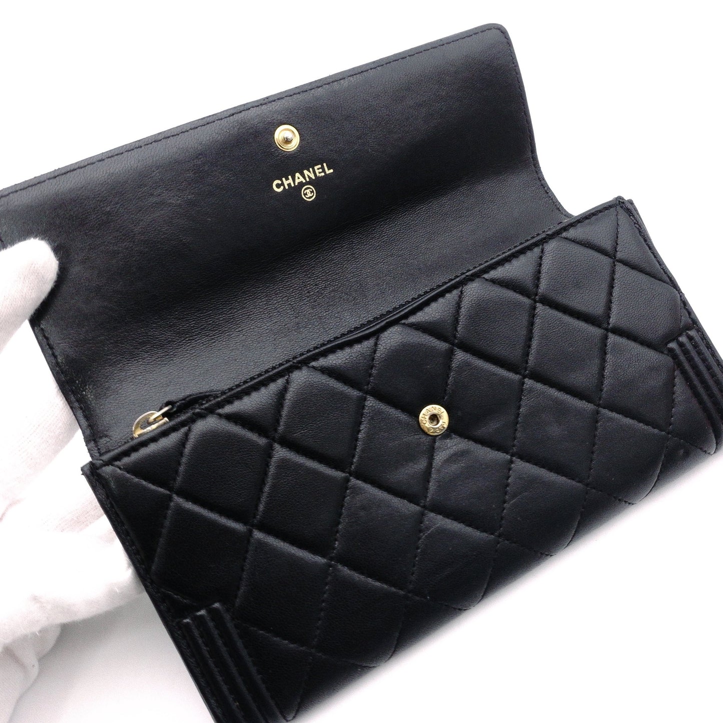 CHANEL Lambskin Flap Long Wallet, Matelassé, Boy Chanel, Long Wallet, Leather, Black, Gold Hardware