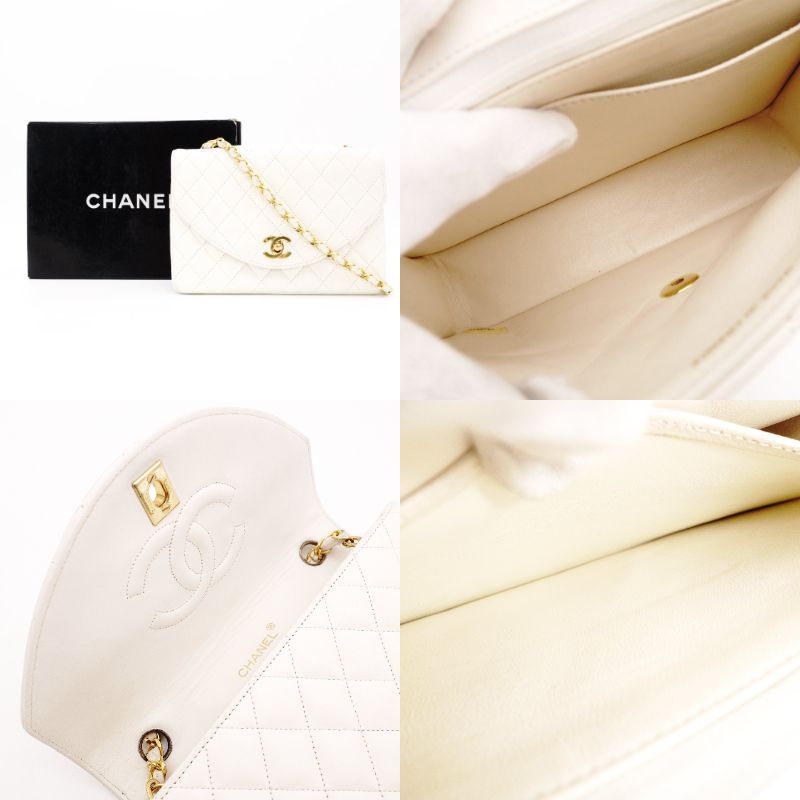 CHANEL Matelassé Lambskin Chain Shoulder Bag White Leather Crossbody Gold Hardware R801739