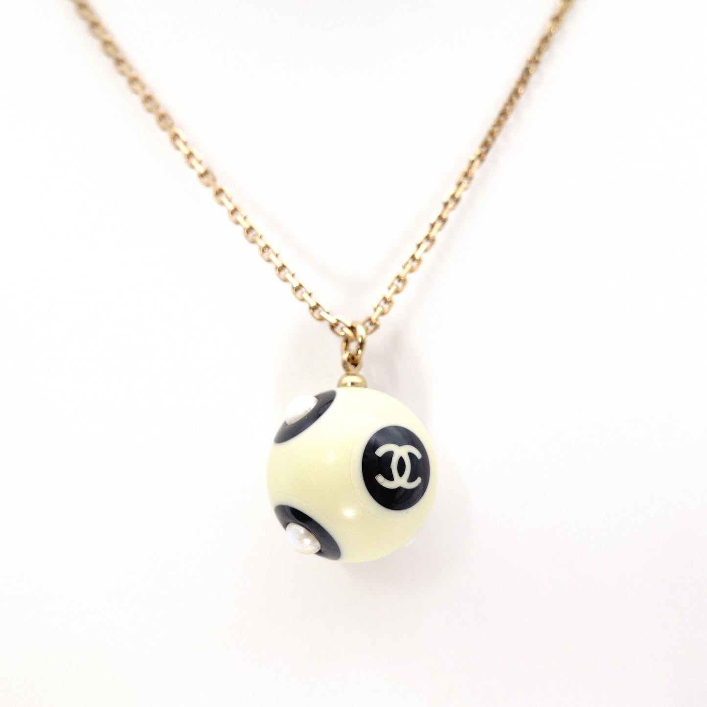CHANEL Necklace, Metal and Plastic, Gold Balls, CC Logo