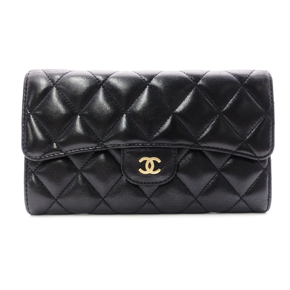 CHANEL Lambskin Flap Long Wallet, Matelassé Classic, Long Wallet, Leather, Black, Gold Hardware