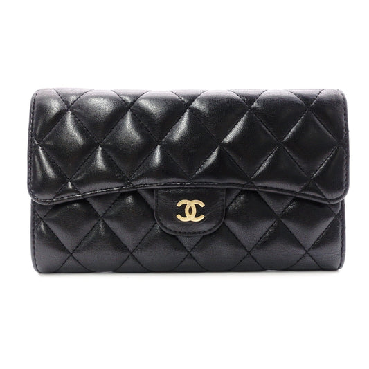 CHANEL Lambskin Flap Long Wallet, Matelassé Classic, Long Wallet, Leather, Black, Gold Hardware