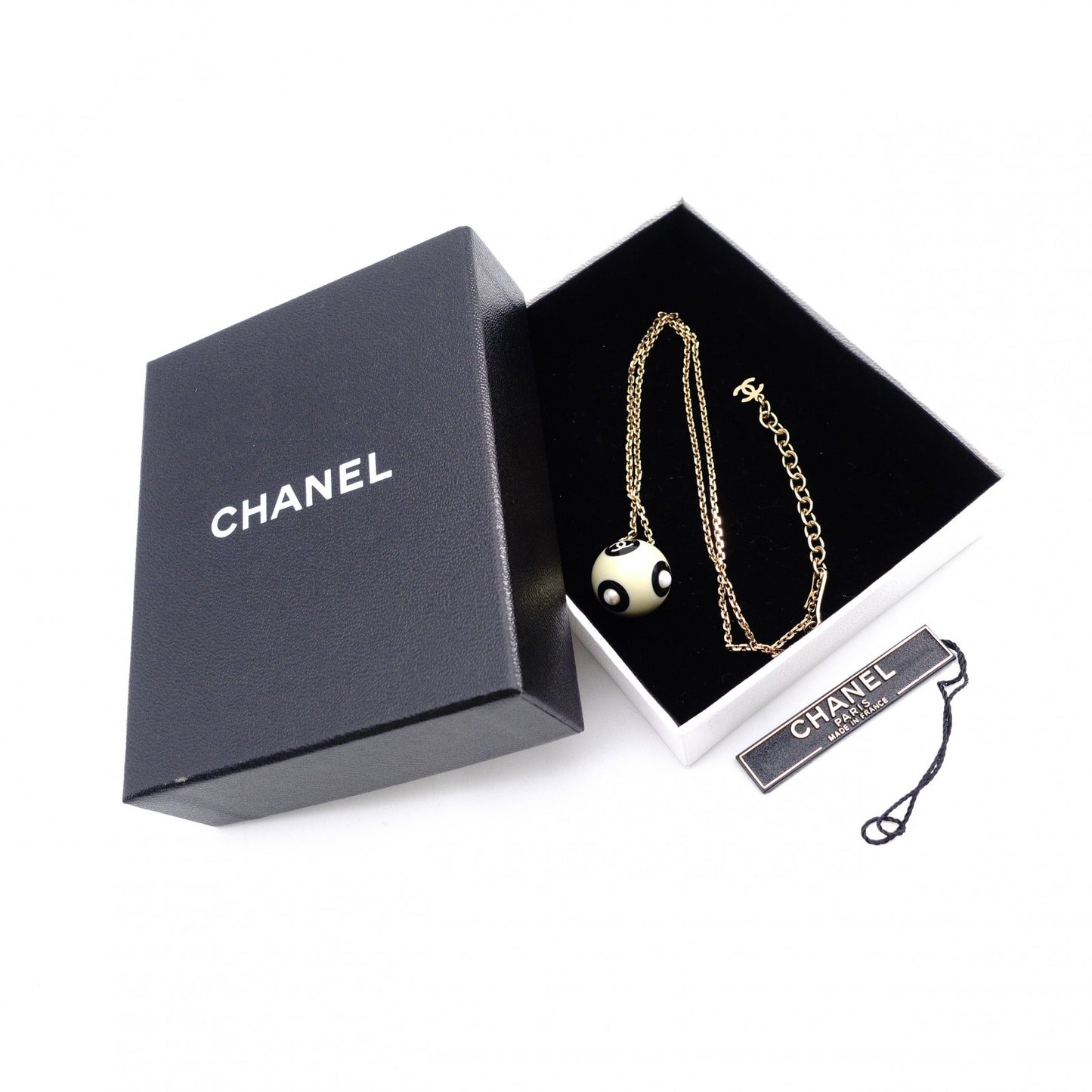 CHANEL Necklace, Metal and Plastic, Gold Balls, CC Logo