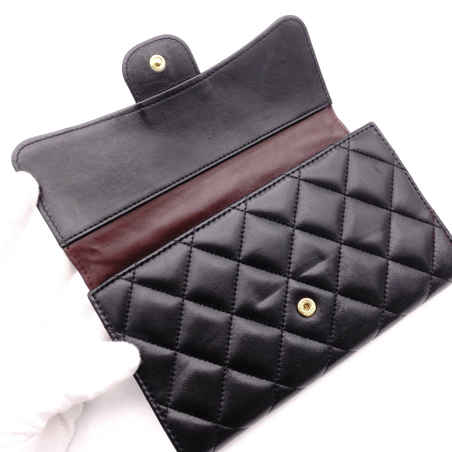 CHANEL Lambskin Flap Long Wallet, Matelassé Classic, Long Wallet, Leather, Black, Gold Hardware