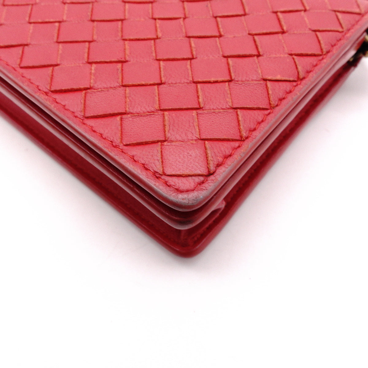 Bottega Veneta Intrecciato Shoulder Bag, Leather, Red, Women's, Wallet Chain, Red