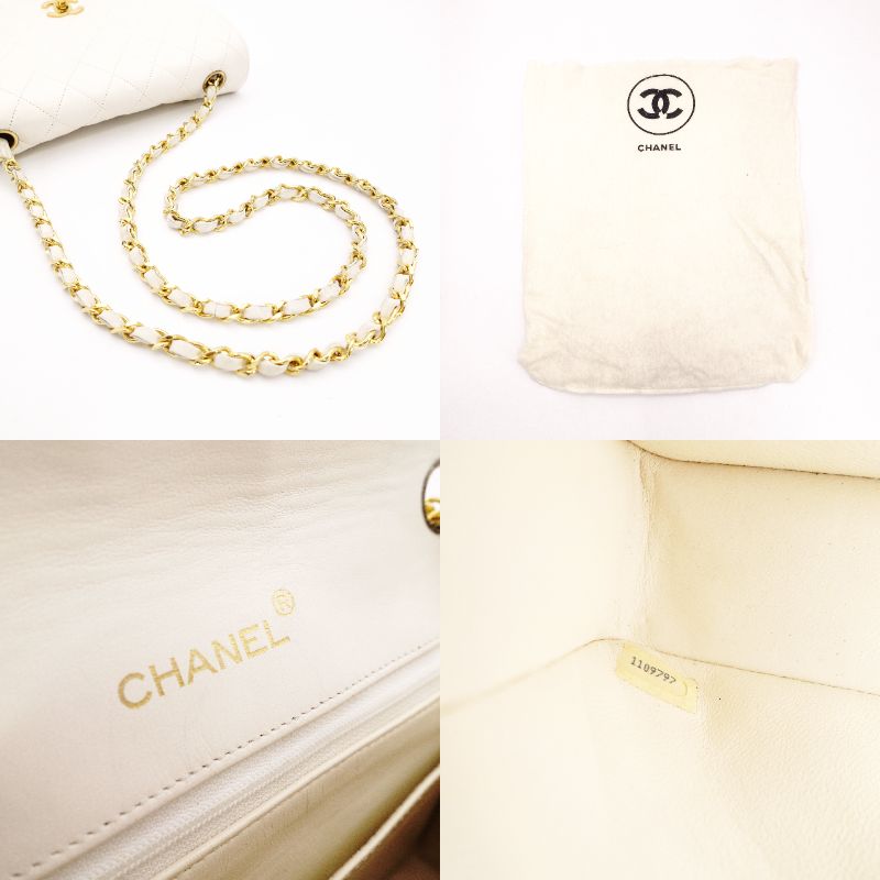 CHANEL Matelassé Lambskin Chain Shoulder Bag White Leather Crossbody Gold Hardware R801739