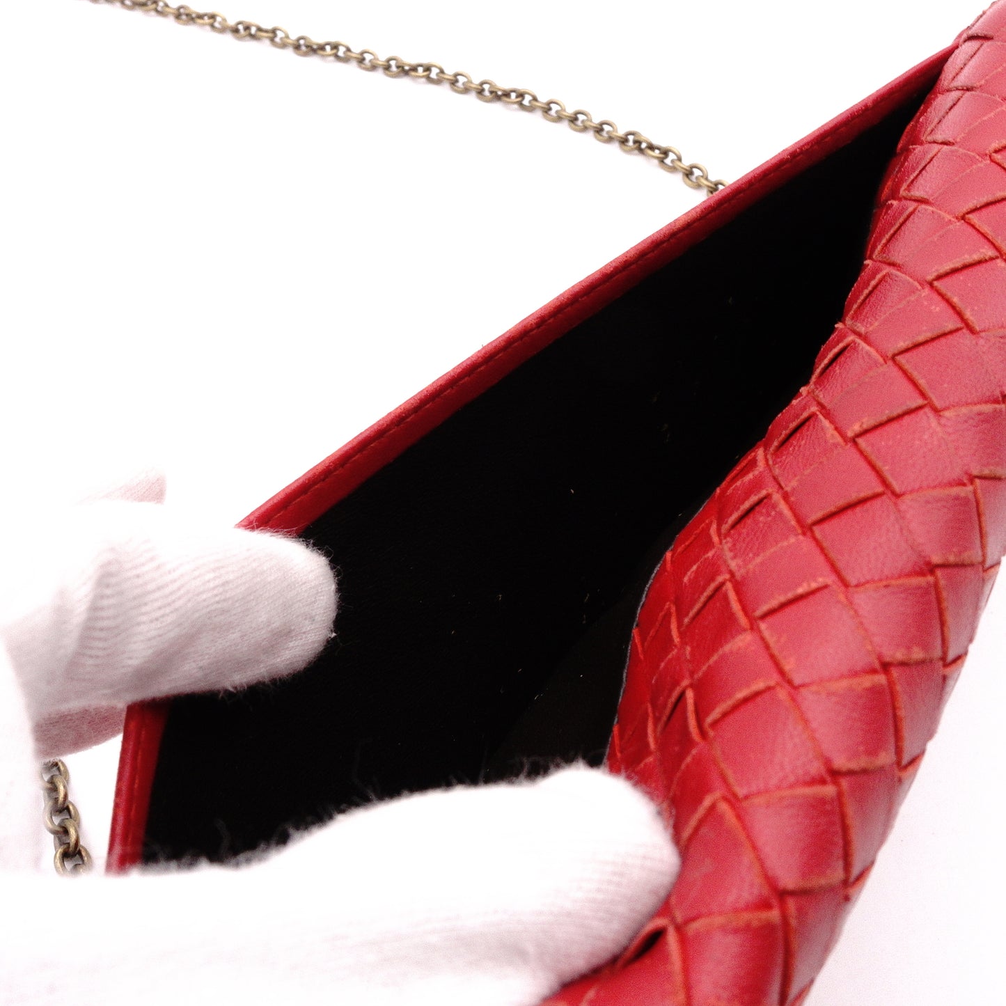Bottega Veneta Intrecciato Shoulder Bag, Leather, Red, Women's, Wallet Chain, Red