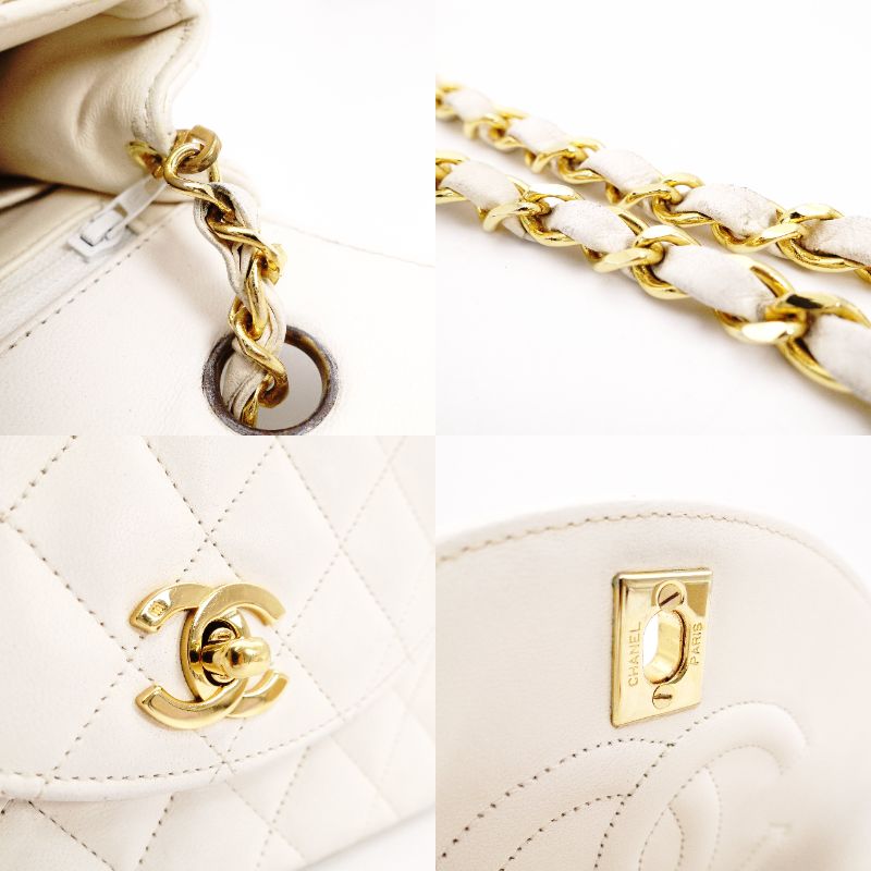 CHANEL Matelassé Lambskin Chain Shoulder Bag White Leather Crossbody Gold Hardware R801739
