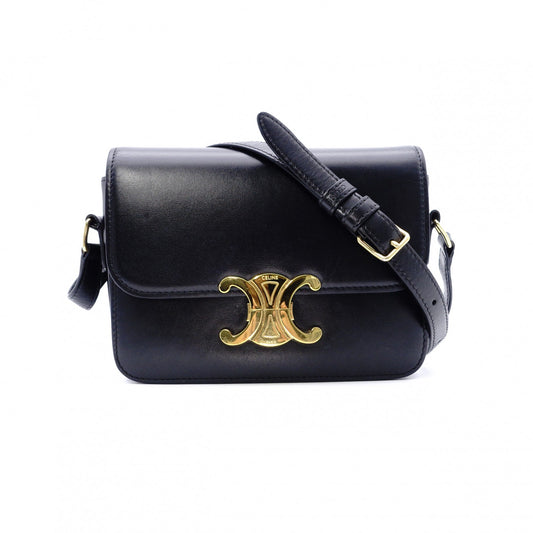 CELINE Teen Triomphe Shoulder Bag, Leather, Black with Gold Hardware