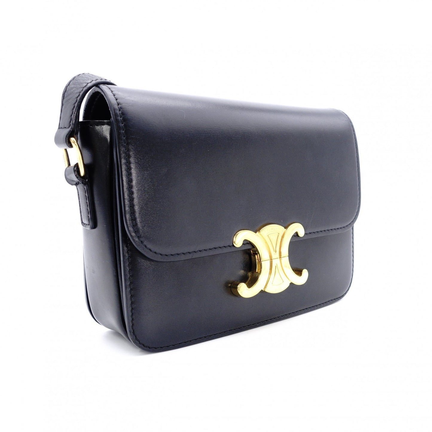 CELINE Teen Triomphe Shoulder Bag, Leather, Black with Gold Hardware