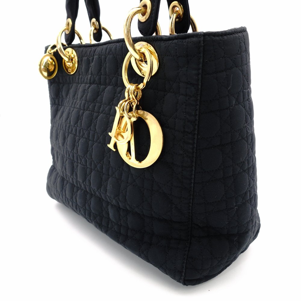 Christian Dior Lady Dior Handbag Black Nylon Gold Hardware Cannage R801996