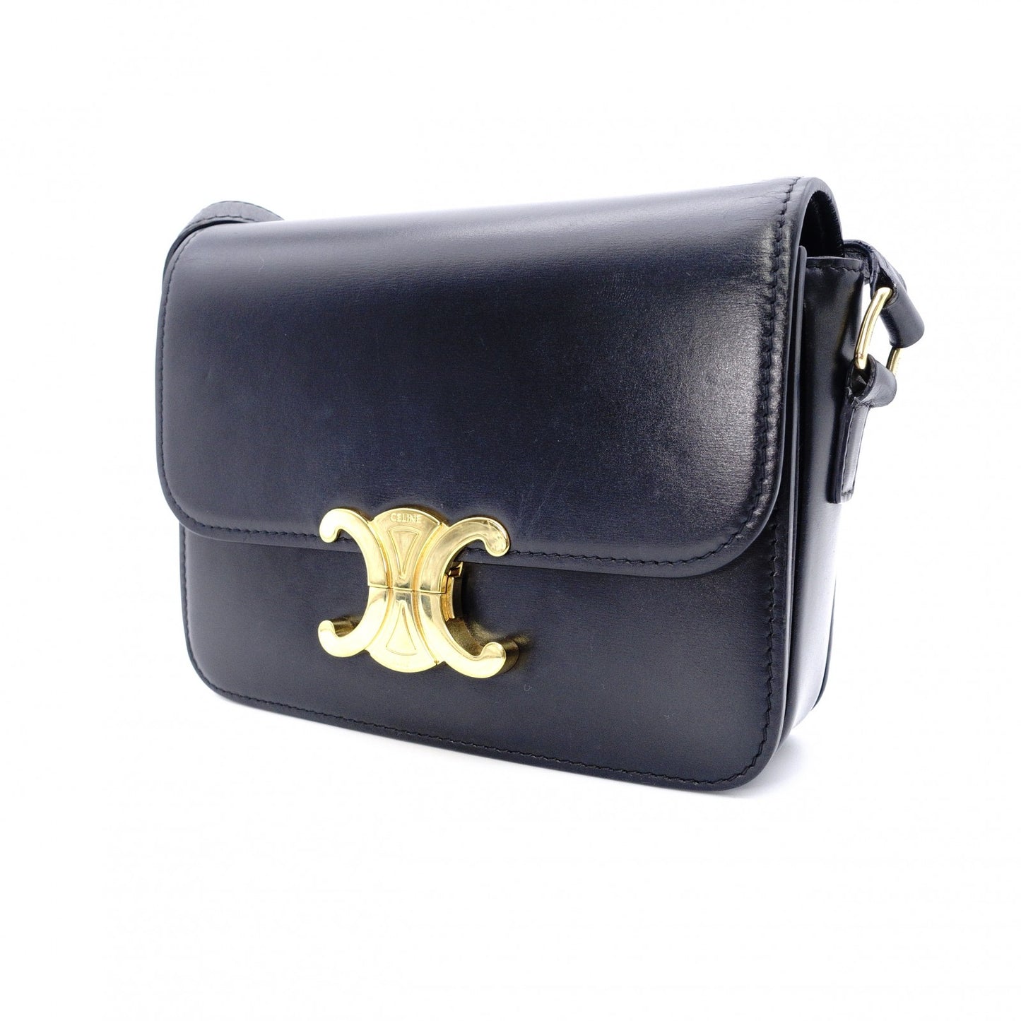 CELINE Teen Triomphe Shoulder Bag, Leather, Black with Gold Hardware