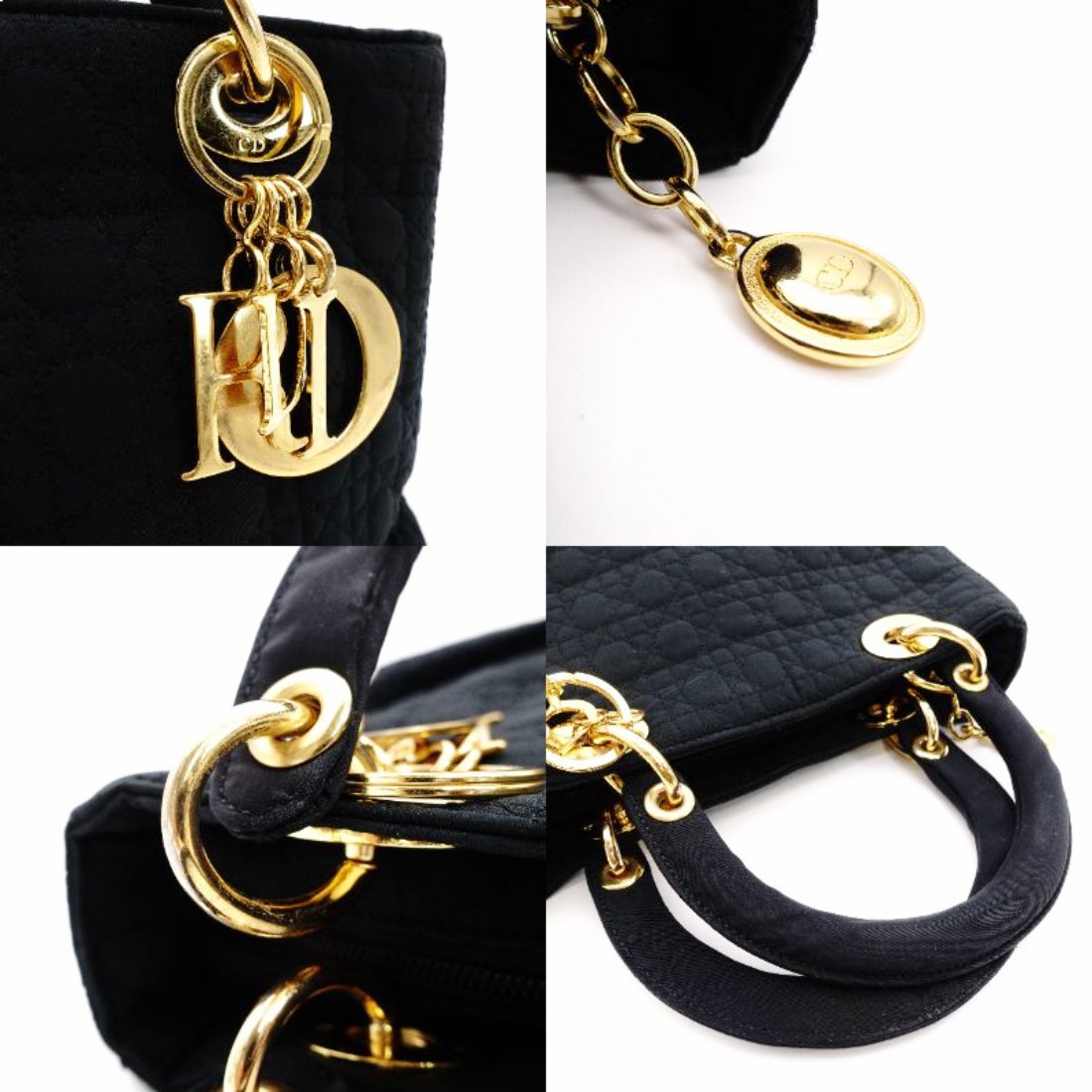 Christian Dior Lady Dior Handbag Black Nylon Gold Hardware Cannage R801996