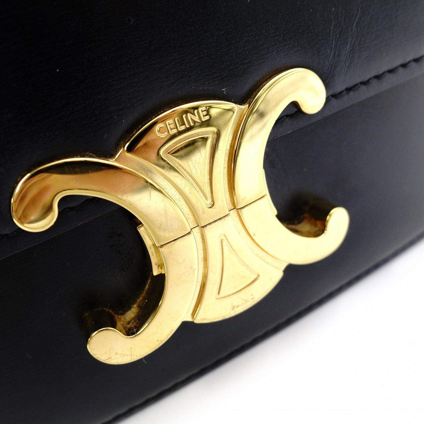 CELINE Teen Triomphe Shoulder Bag, Leather, Black with Gold Hardware