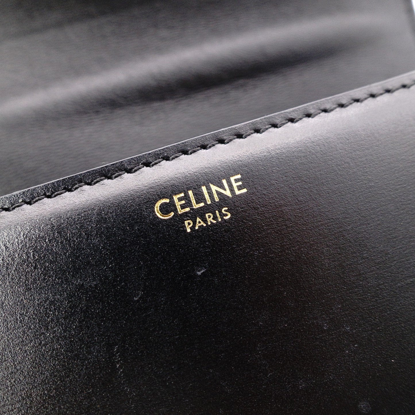 CELINE Teen Triomphe Shoulder Bag, Leather, Black with Gold Hardware