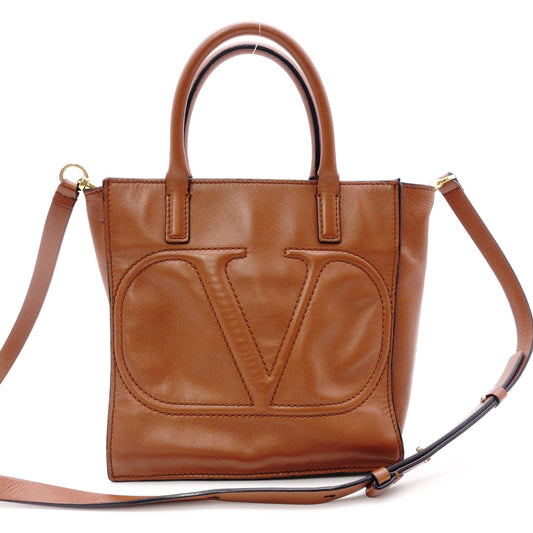 Valentino Garavani V Logo Handbag, Leather, Brown, 2-Way, Gold Hardware, Crossbody, Logo