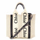 Chloe Woodie Small Handbag Canvas Beige × Navy 2-Way Shoulder R801166