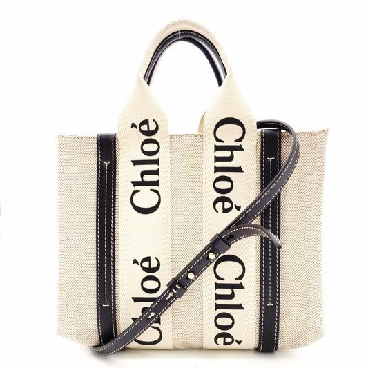Chloe Woodie Small Handbag Canvas Beige × Navy 2-Way Shoulder R801166
