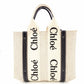 Chloe Woodie Small Handbag Canvas Beige × Navy 2-Way Shoulder R801166