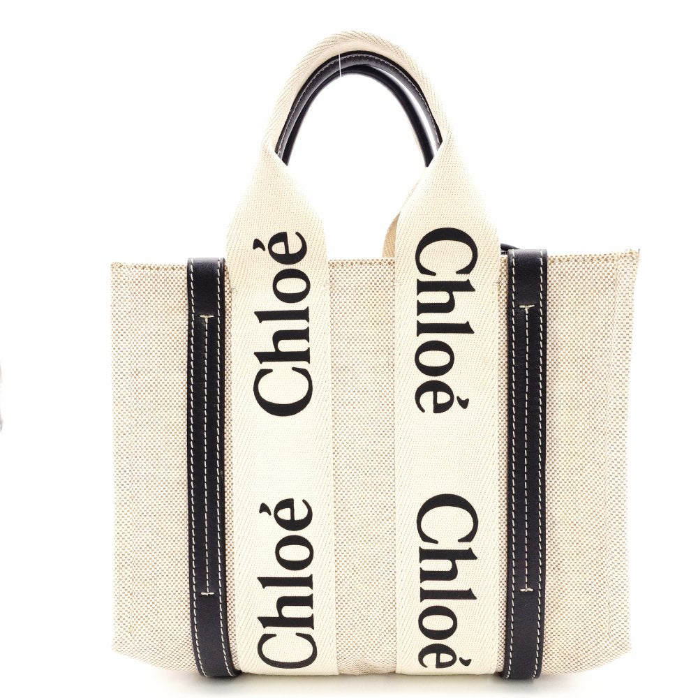Chloe Woodie Small Handbag Canvas Beige × Navy 2-Way Shoulder R801166