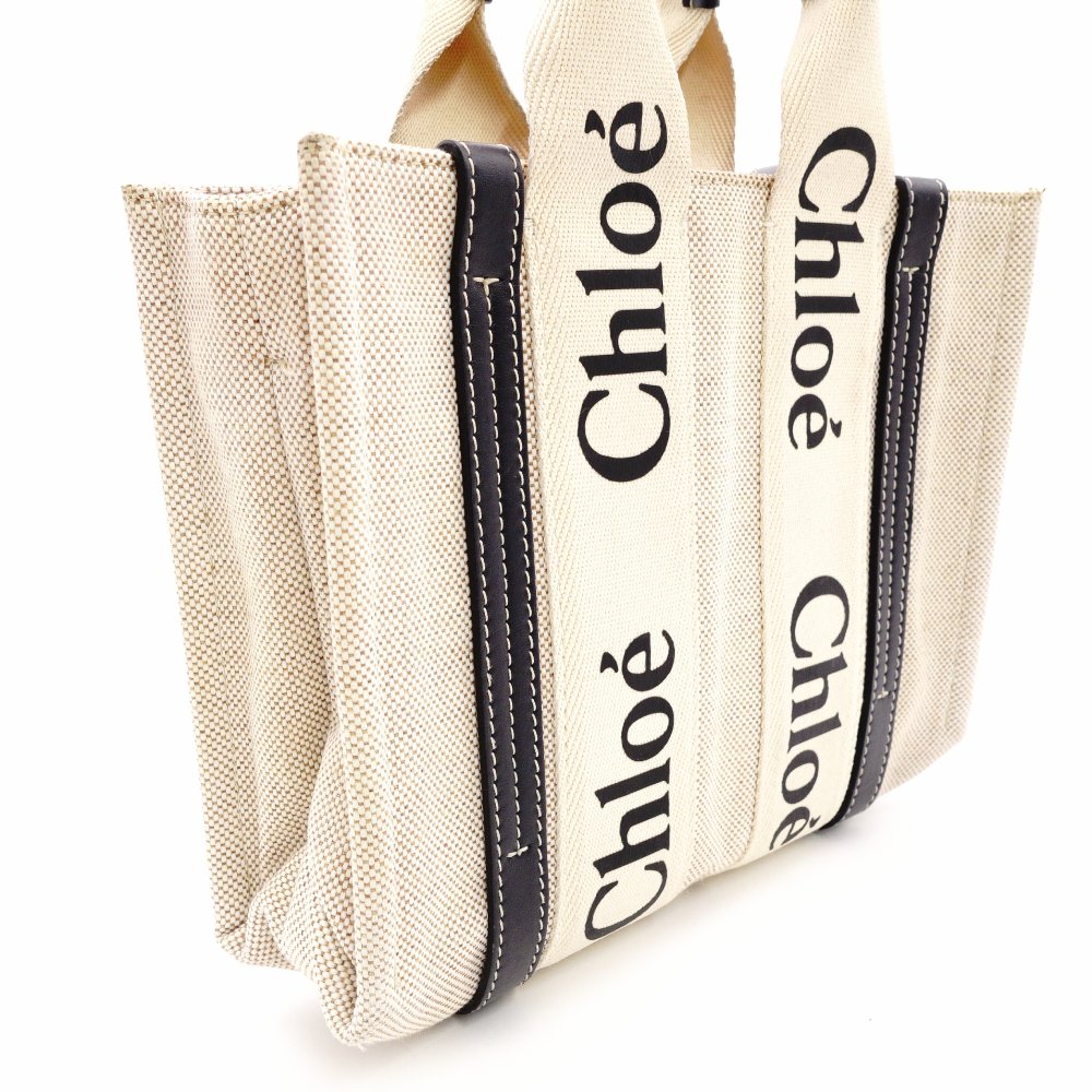 Chloe Woodie Small Handbag Canvas Beige × Navy 2-Way Shoulder R801166